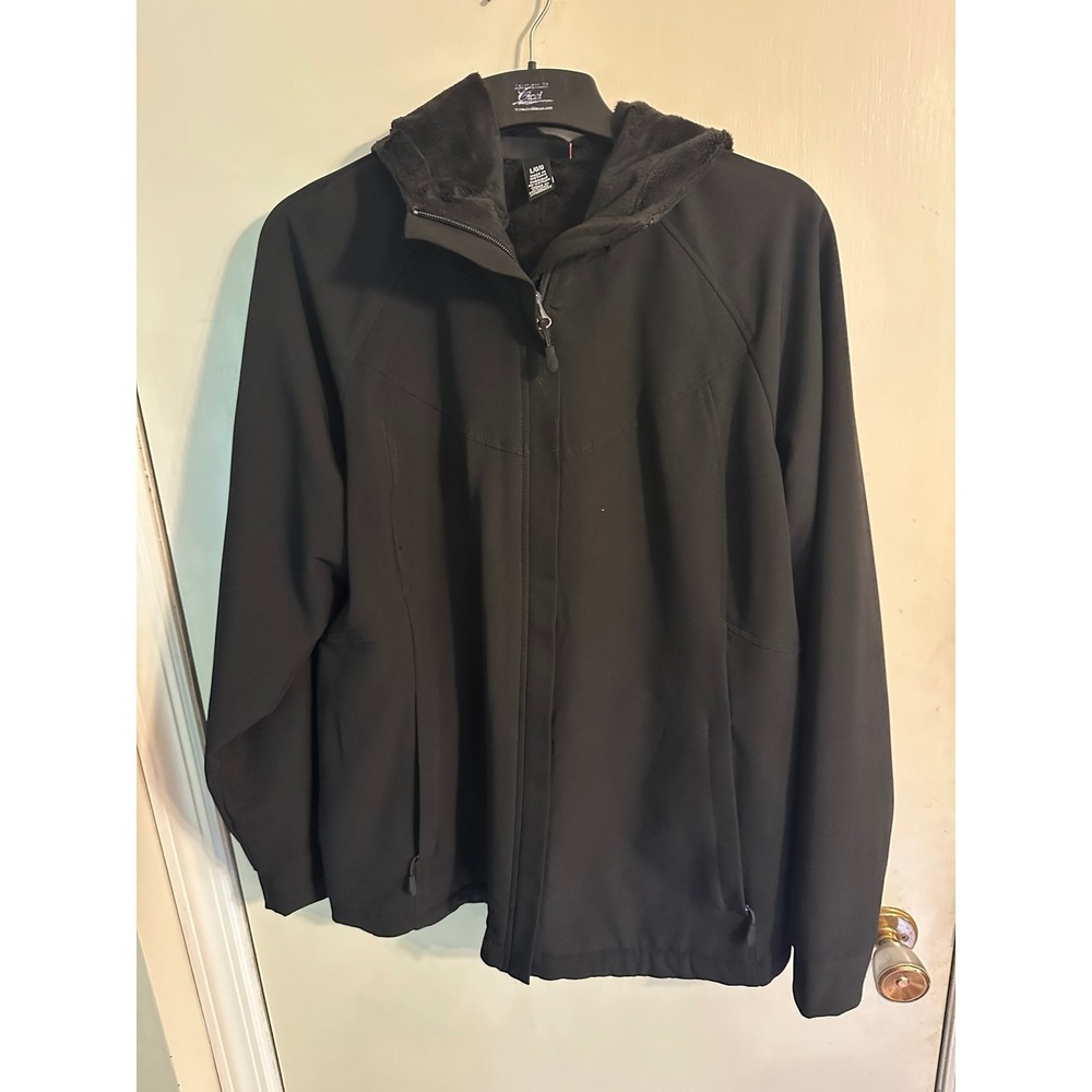 Kirkland Signature Womens Black Softshell Hooded Jacket Faux Fur Lined Size L